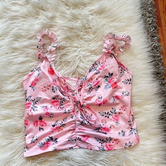 Women's Floral Print Shirred Frill Trim Ruffle Flared Hem Sleeveless Crop Top M - Picture 1 of 1
